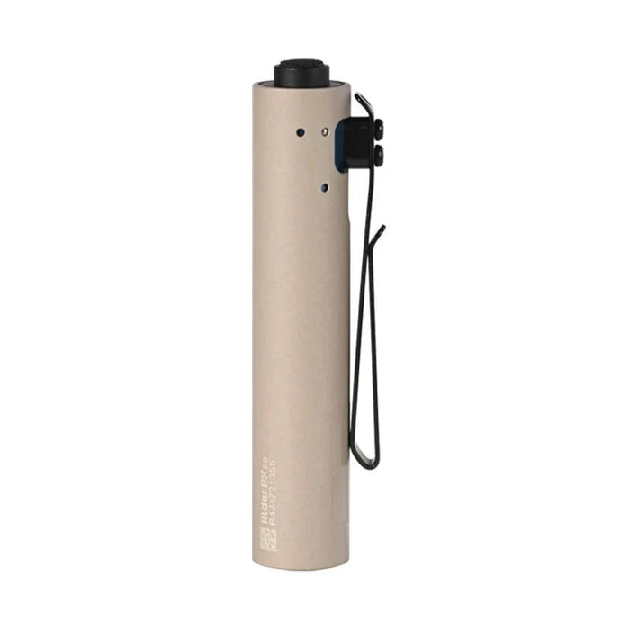 The Acebeam Rider RX 2.0 is a high-performance EDC flashlight with a tan cylindrical metal body, black clip, and button, ideal for everyday use.