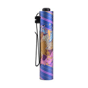 A cylindrical, blue Acebeam Rider RX 2.0 ANODIZED Titanium (Limited Edition) flashlight with a vivid multicolored design and black wrist strap, featuring a Nichia 519A LED, photographed against a white background.