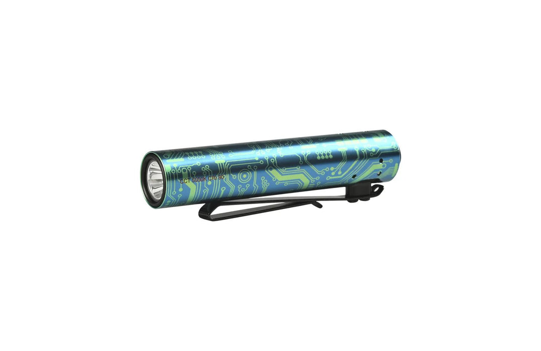 The Acebeam Rider RX 2.0 Ti Special Edition flashlight, featuring a blue and green design, is showcased on a crisp white background.