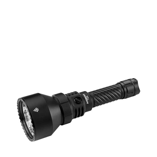 The Acebeam T29 Ultra Long Range Hunting Flashlight, featuring a textured grip and large lens, is shown at a slight angle against a white background.