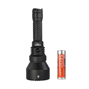 The Acebeam T29 Ultra Long Range Hunting Flashlight, shown standing upright with a 5600mAh rechargeable battery and textured grip, delivers ultra long-range illumination—making it the perfect tool for hunting adventures.