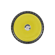 Close-up, top-down view of the Acebeam T29 Ultra Long Range Hunting Flashlight's circular lens, featuring a yellow reflector and central LED, encased in a black textured rim—engineered for 2900 lumens hunting performance.