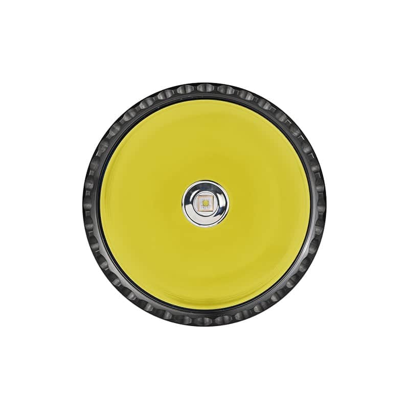 Close-up, top-down view of the Acebeam T29 Ultra Long Range Hunting Flashlight's circular lens, featuring a yellow reflector and central LED, encased in a black textured rim—engineered for 2900 lumens hunting performance.