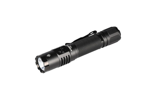 Acebeam T35 rechargeable tactical flashlight with a clip, side switch, and visible brand logo, isolated on a white background.
