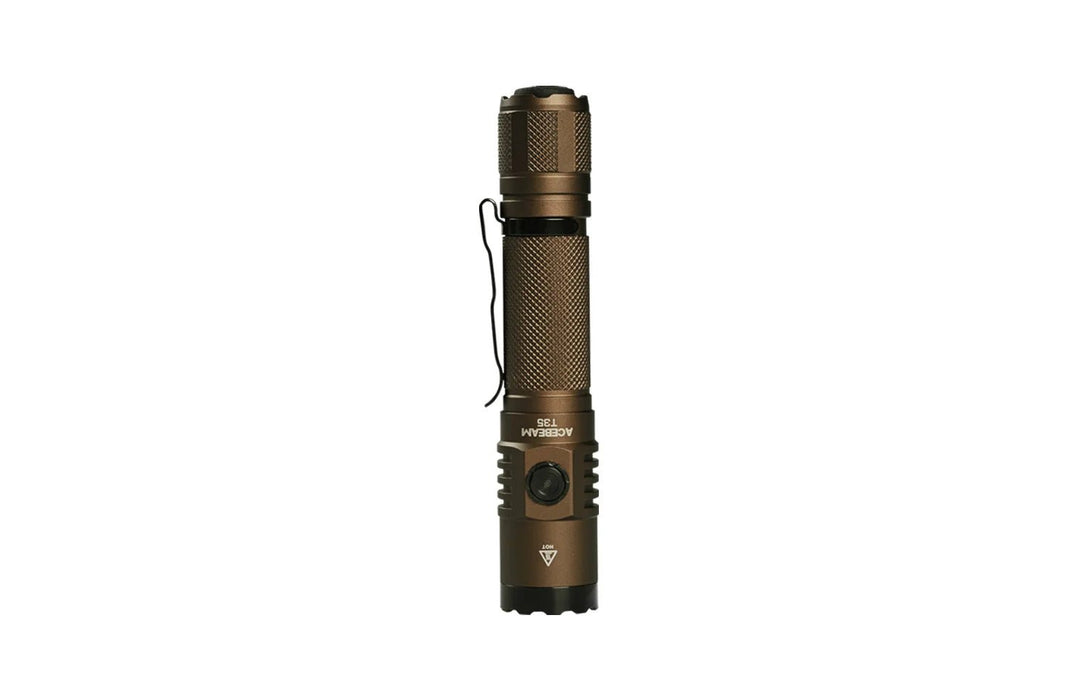 A brown rechargeable Acebeam T35 with a wrist strap and clip, positioned vertically against a white background.