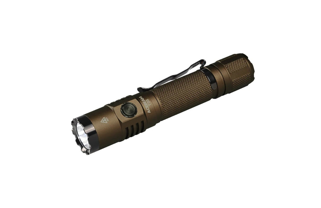 A Acebeam T35 with a bronze body and high-intensity SFT40 LED bulb, featuring a textured grip, a clip, and a side-mounted push button.