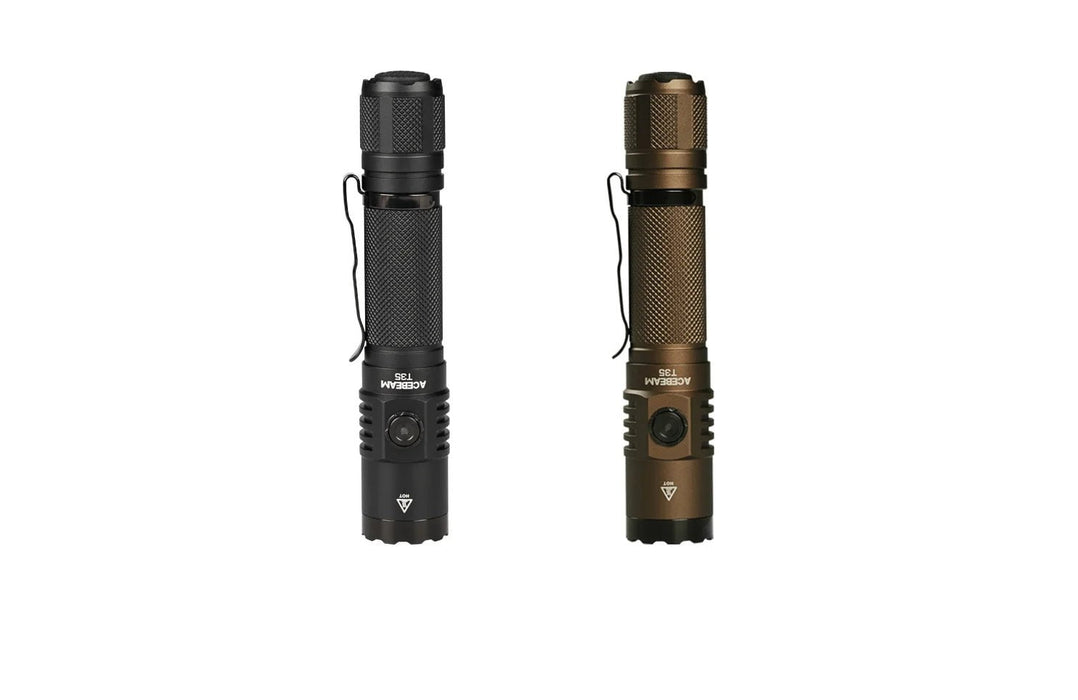 Two Acebeam T35 rechargeable tactical LED flashlights, one black and one brown, isolated on a white background.