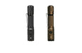 Two Acebeam T35 rechargeable tactical LED flashlights, one black and one brown, isolated on a white background.