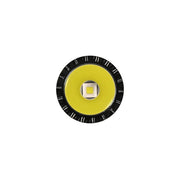 Close-up view of the Acebeam T37 flashlight’s circular LED, featuring a yellow outer ring, square center, and surrounded by a black ridged border.