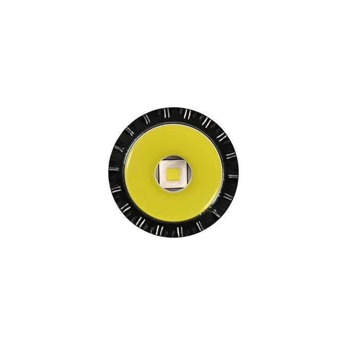 Close-up view of the Acebeam T37 flashlight’s circular LED, featuring a yellow outer ring, square center, and surrounded by a black ridged border.