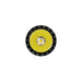Close-up view of the Acebeam T37 flashlight’s circular LED, featuring a yellow outer ring, square center, and surrounded by a black ridged border.