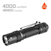The Acebeam T37 black tactical flashlight with a pocket clip is shown. Text reads "4000 Lumens, 48400 Candela" with a "NEW!" label in the top right. Experience this powerful high lumen flashlight made for duty use.