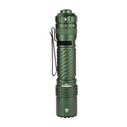 The Acebeam T37 is a green metal tactical flashlight featuring a textured grip, pocket clip, and power adjustment knob for high-intensity illumination. Displayed against a white background.