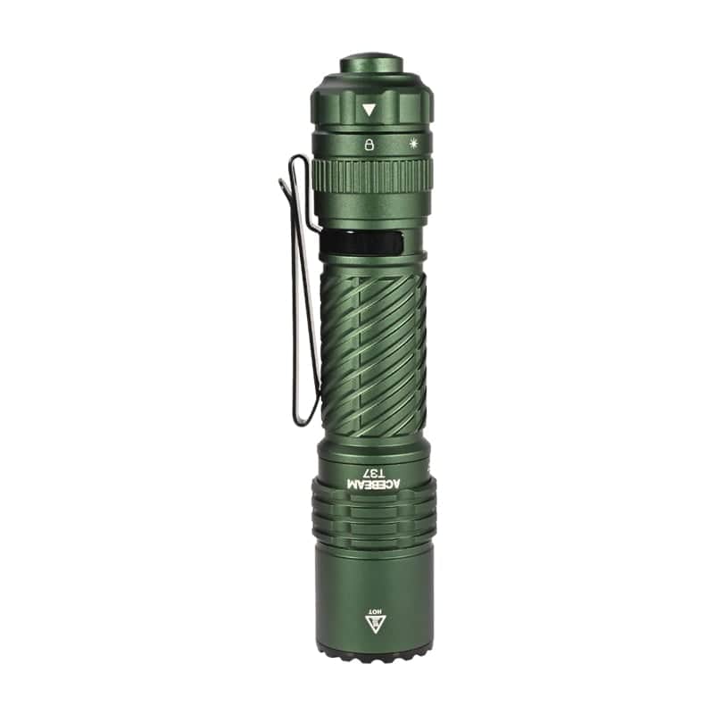 The Acebeam T37 is a green metal tactical flashlight featuring a textured grip, pocket clip, and power adjustment knob for high-intensity illumination. Displayed against a white background.