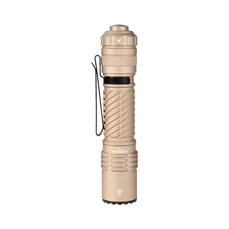 Tan Acebeam T37 tactical flashlight featuring a textured grip, pocket clip, and top-mounted power button, shown standing upright on a white background.