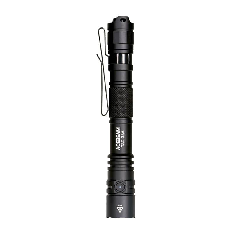The black Acebeam TAC 2AA EDC flashlight features a pocket clip, textured grip, and engraved body text. Displayed on a white background, this USB-C rechargeable flashlight offers convenient and powerful performance.
