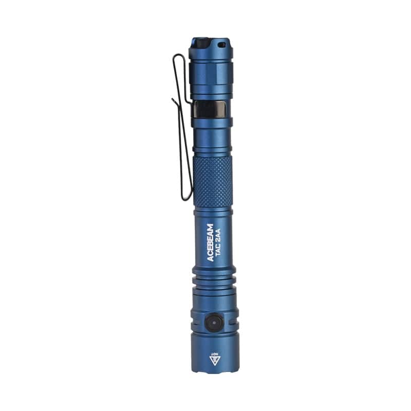 A blue Acebeam TAC 2AA pen-sized EDC flashlight with a textured grip, side clip, and power button is shown standing upright against a white background.