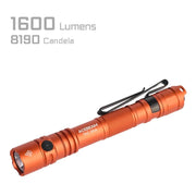 An orange Acebeam TAC 2AA EDC flashlight with a side switch and pocket clip is shown. Text highlights its 1600-lumen, 8190-candela output, making it one of the brightest 2AA flashlights available.