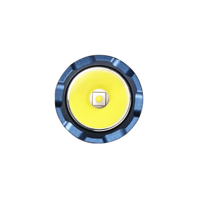 Close-up, top-down view of the Acebeam TAC 2AA flashlight LED bulb with a yellow circular reflector and blue outer casing, isolated on a white background.