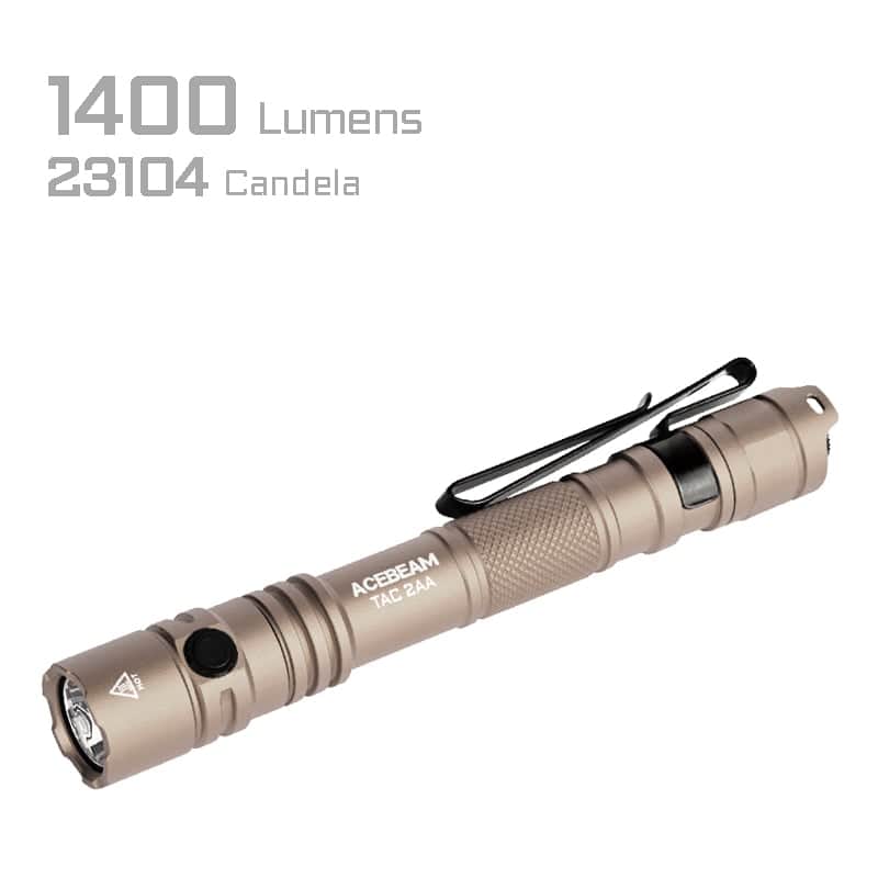 A tan Acebeam TAC 2AA EDC flashlight with a pocket clip is shown; text indicates 1400 lumens and 23,104 candela brightness levels.