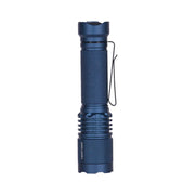 A blue Acebeam TAC AA 2.0 handheld tactical EDC flashlight, featuring a textured grip, side clip, and ridged head, is displayed upright against a white background. This compact flashlight provides a robust output of 900 lumens, ensuring dependable illumination wherever required.