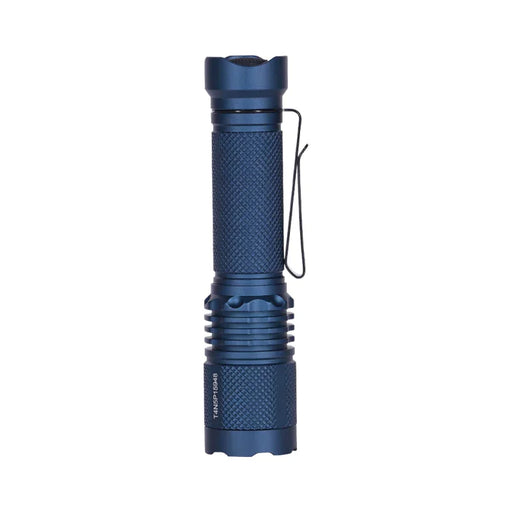 A blue Acebeam TAC AA 2.0 handheld tactical EDC flashlight, featuring a textured grip, side clip, and ridged head, is displayed upright against a white background. This compact flashlight provides a robust output of 900 lumens, ensuring dependable illumination wherever required.