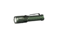 A portable green flashlight, the Acebeam TAC AA, illuminating a white background.