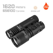 Black Acebeam Terminator M1 2.0 flashlight with dual lenses, shown with features: 1620 meters range, 656100 candela, and a “NEW!” icon—this powerful zoomable flashlight stands out as a high-performance dual head flashlight for demanding tasks.