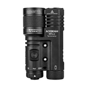 Black Acebeam Terminator M1 2.0 dual-head flashlight featuring labeled buttons, adjustment rings, and a warning label on its cylindrical body.