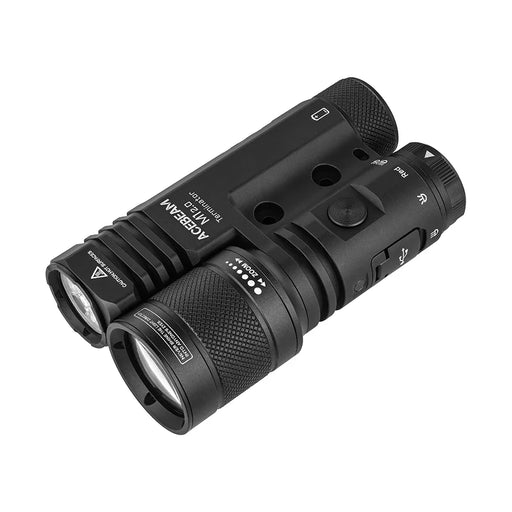 Black tactical dual head flashlight labeled “Acebeam Terminator M1 2.0,” featuring control buttons, textured grips, and dual lenses for versatile illumination on a white background.