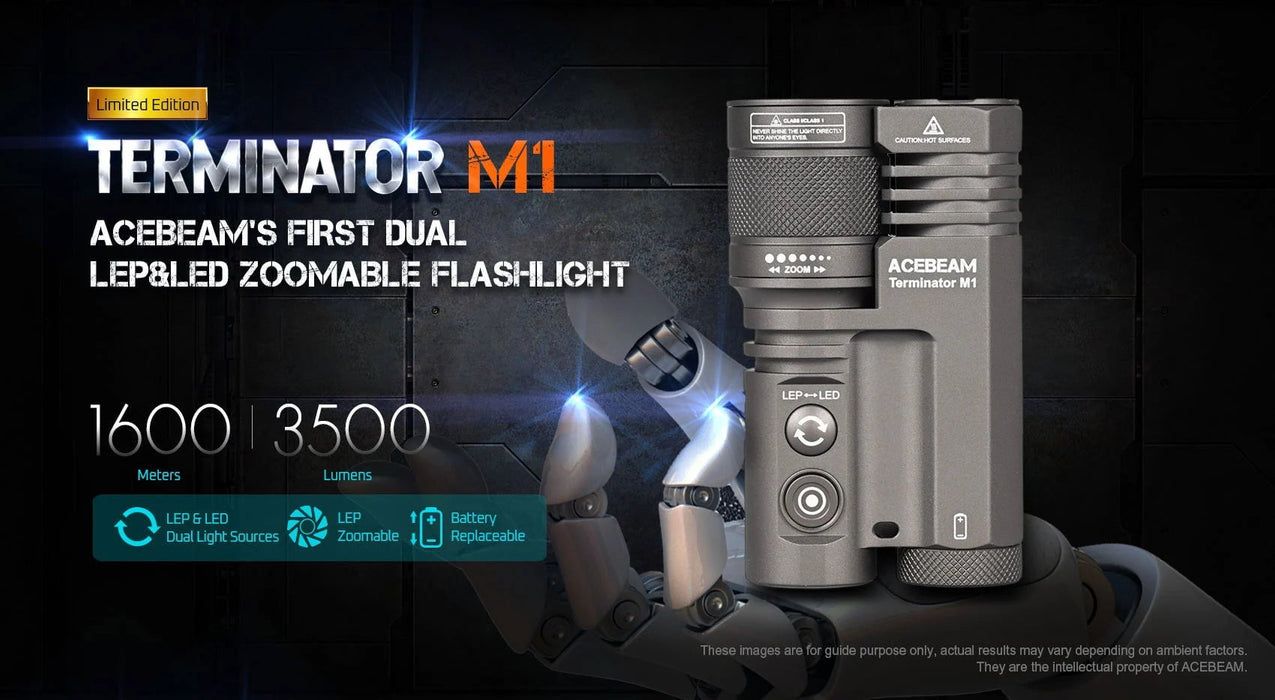 The Acebeam Terminator M1 Dual Head LEP Flashlight is a flashlight with a hand holding it.