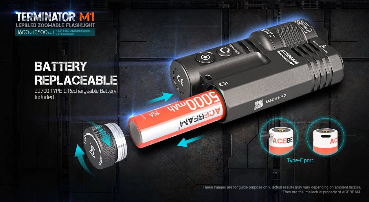 The Acebeam Terminator M1 Dual Head LEP Flashlight with a battery attached to it.