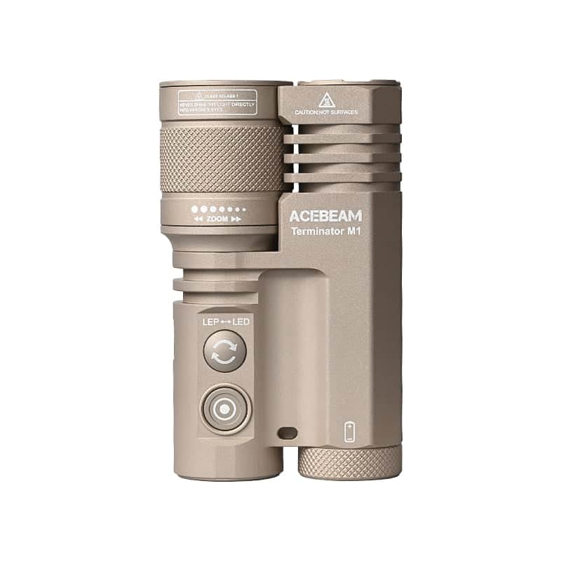 The Acebeam Terminator M1 Dual Head LEP Flashlight features control buttons, an LED indicator, and a zoom function—ideal as a compact LED floodlight for versatile use, shown here against a white background.