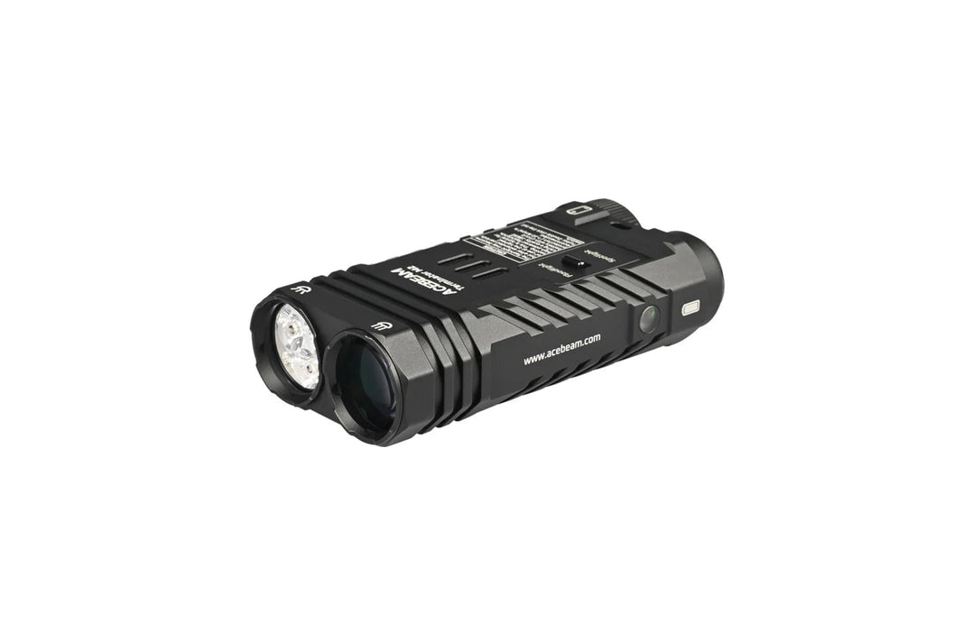 The Acebeam Terminator M2, a versatile EDC flashlight with multiple light sources, stands out against a clean white background.