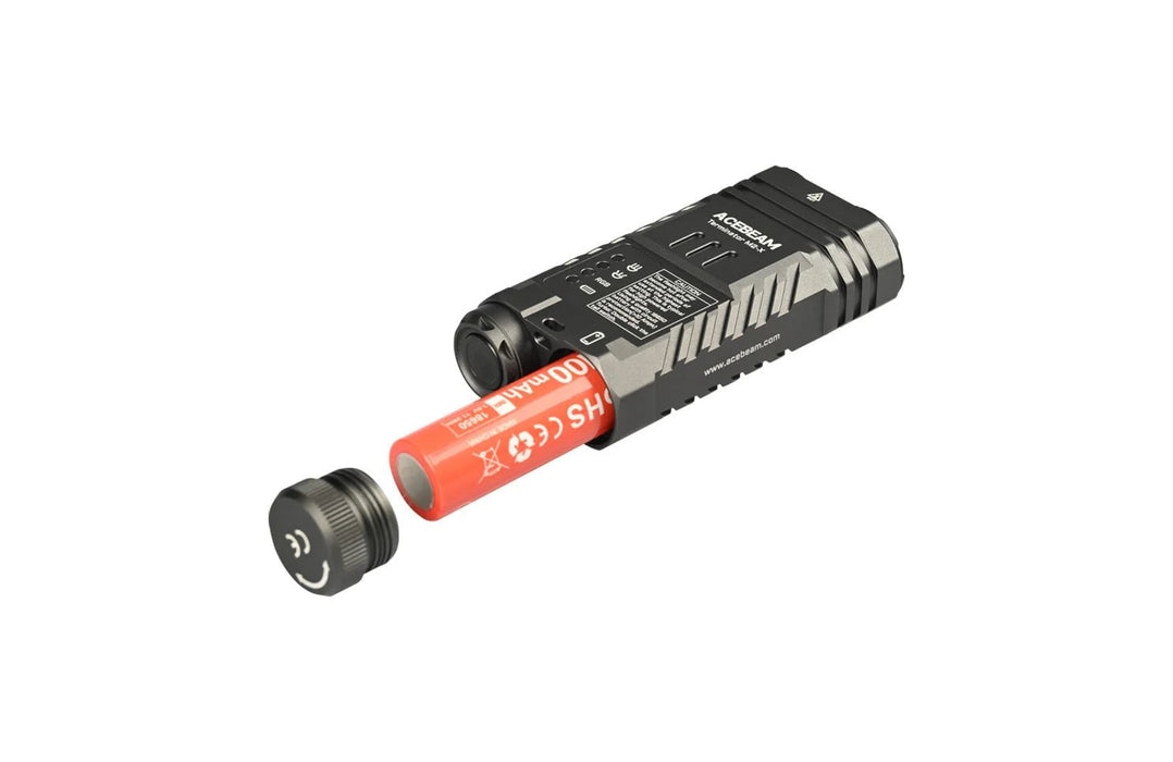 The Acebeam Terminator M2-X With RGB flashlight is equipped with a battery for reliable illumination.