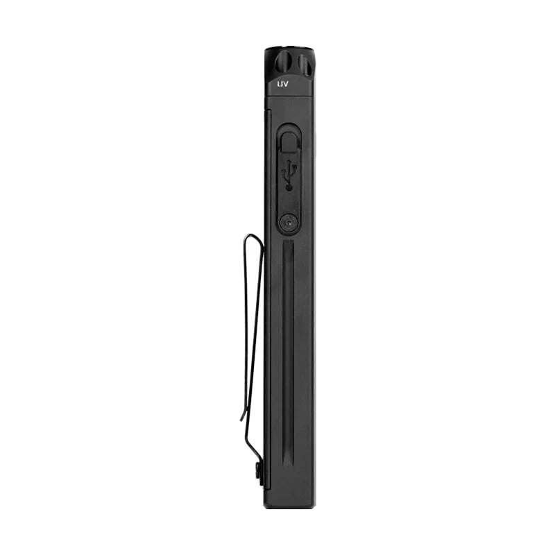 The Acebeam UC20, a slim black USB rechargeable EDC flashlight with a clip, is showcased vertically to highlight its thin profile. Its multifunctional design makes it ideal for everyday carry, ensuring you're always ready.