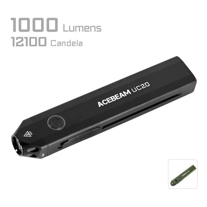 The Acebeam UC20 multifunctional flashlight, in black, features a powerful 1000 lumens output and 12,100 candela against a white background.