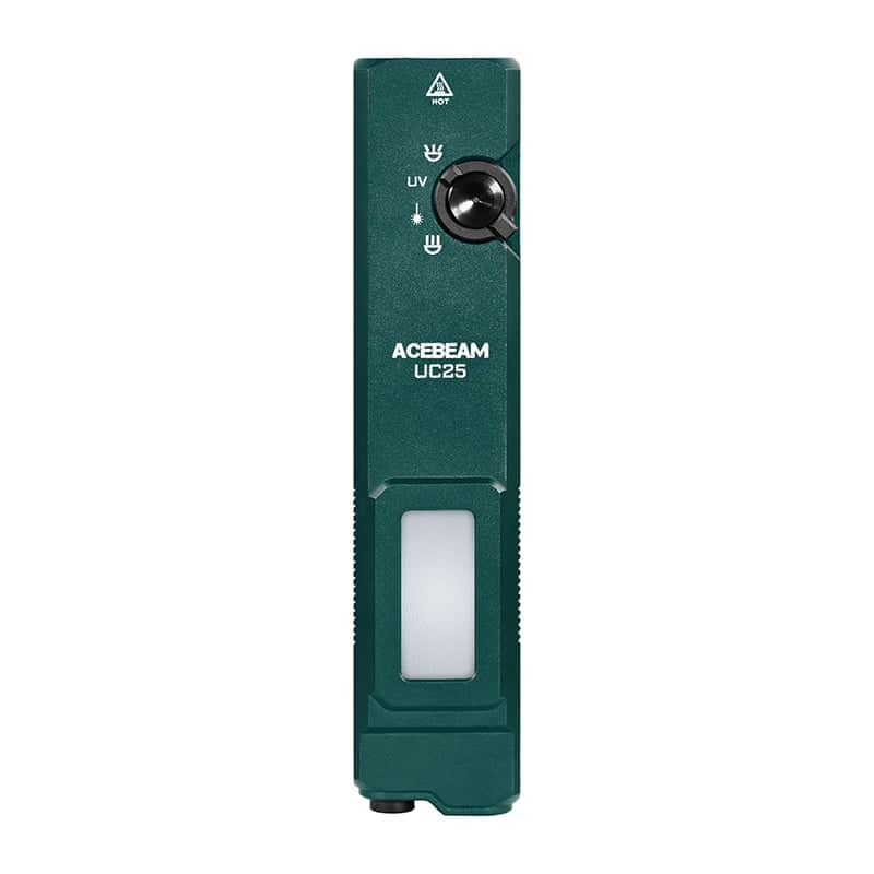 Front view of the Acebeam UC25 Multi-Light flashlight in green, featuring a mode dial and rectangular light panel—ideal as a tactical EDC flashlight.