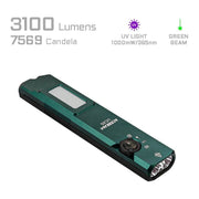 The Acebeam UC25 Multi-Light flashlight features a display screen, outputs 3100 lumens, 7569 candela, UV light (1000mW/365nm), and a green beam—making it an ideal everyday carry flashlight.