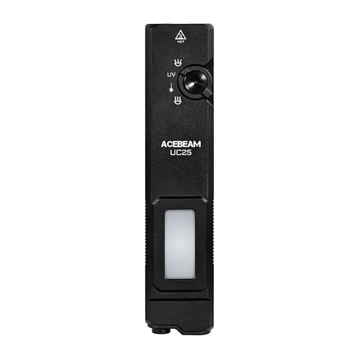 Front view of the Acebeam UC25 Multi-Light in black, featuring labeled UV and power settings, plus a rectangular white panel.