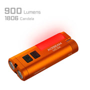 The Acebeam UC3A is a compact orange rechargeable flashlight featuring two lenses, a power button, and a keychain clip. This EDC flashlight provides 900 lumens of brightness with 1806 candela, as indicated by the text on the device.