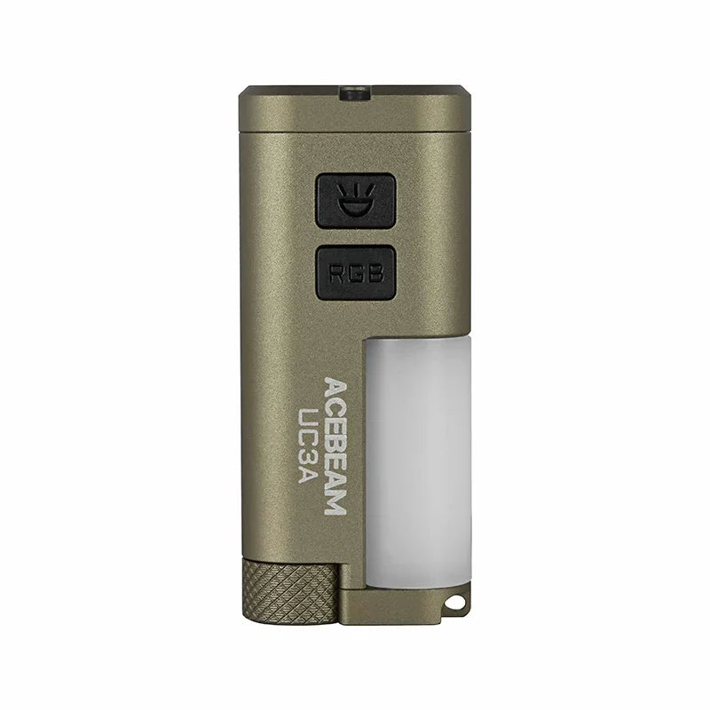 A compact everyday carry flashlight, the Acebeam UC3A boasts a rectangular design with two black buttons and a white translucent side panel, delivering versatile illumination in a pocket-friendly package.