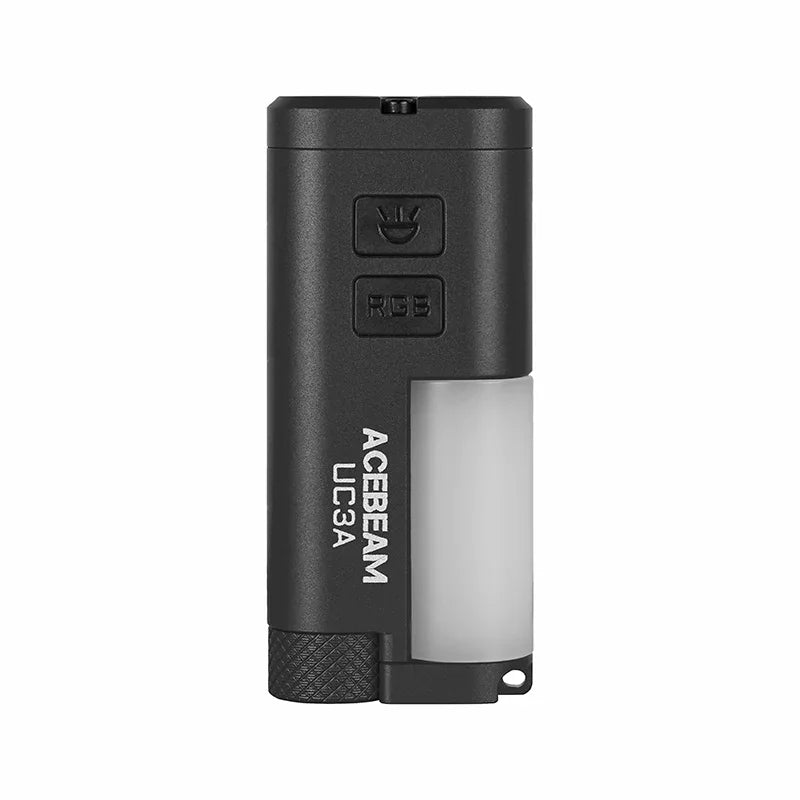 The Acebeam UC3A, a compact black USB-C rechargeable flashlight, is displayed upright against a white background, highlighting its labeled buttons and translucent side panel.