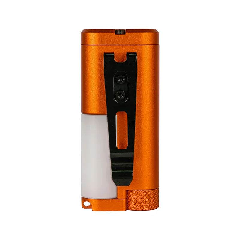 The Acebeam UC3A is a compact EDC flashlight in orange, featuring a black clip, white light panel, and a textured twist cap, shown here on a white background. This USB-C rechargeable flashlight is perfect for everyday carry needs.