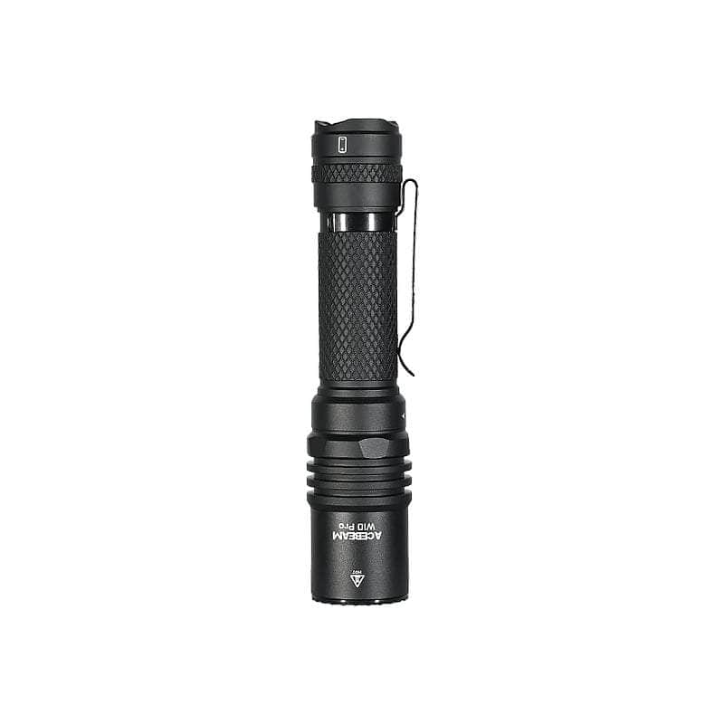 The Acebeam W10 Pro LEP Flashlight is a black, cylindrical handheld light with a textured grip and side clip, designed for ultra-long range illumination, displayed against a plain white background.