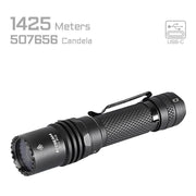 Black tactical flashlight with textured grip, labeled "Acebeam W10 Pro LEP," features a clip, USB-C charging port, and delivers an ultra-long range beam of 1425 meters with a max output of 507656 candela.