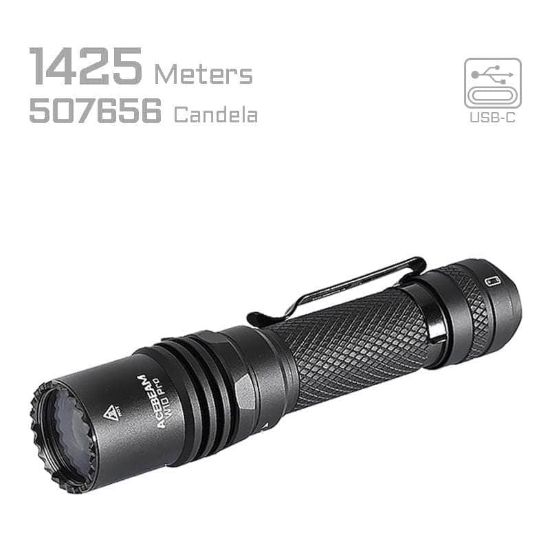 Black tactical flashlight with textured grip, labeled "Acebeam W10 Pro LEP," features a clip, USB-C charging port, and delivers an ultra-long range beam of 1425 meters with a max output of 507656 candela.