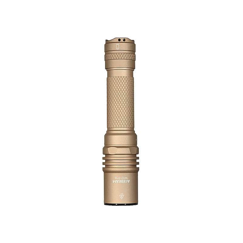 The Acebeam W10 Pro LEP Flashlight features a tan finish, textured grip, and cylindrical body, displayed upright on a white background.