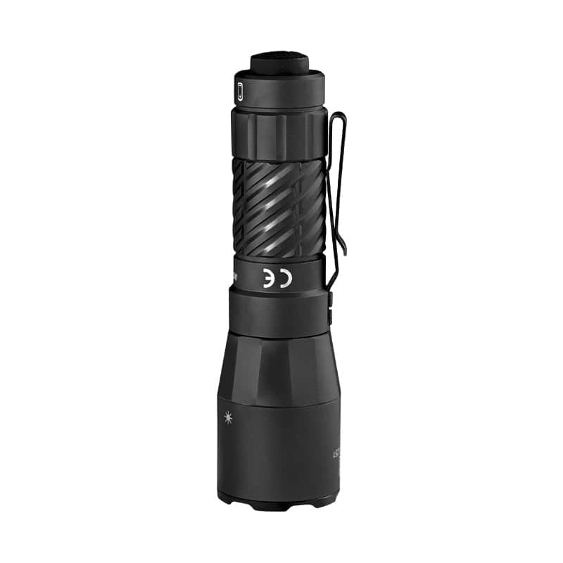 The Acebeam W20 LEP Flashlight with Wide Angle Spill is a black handheld tactical flashlight featuring a textured grip, side clip, and labeled symbols. It delivers powerful illumination with wide angle spill for optimal visibility.