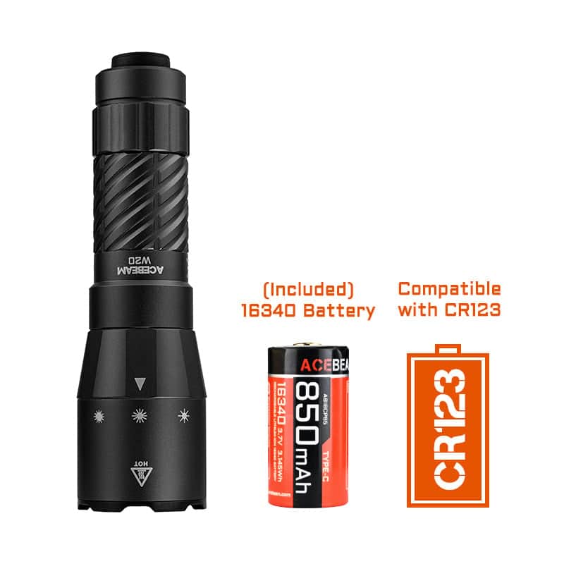 The Acebeam W20 LEP Flashlight with Wide Angle Spill is shown in black with an included 16340 battery; text notes CR123 battery compatibility and emphasizes its broad beam for enhanced illumination.